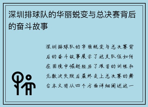 深圳排球队的华丽蜕变与总决赛背后的奋斗故事